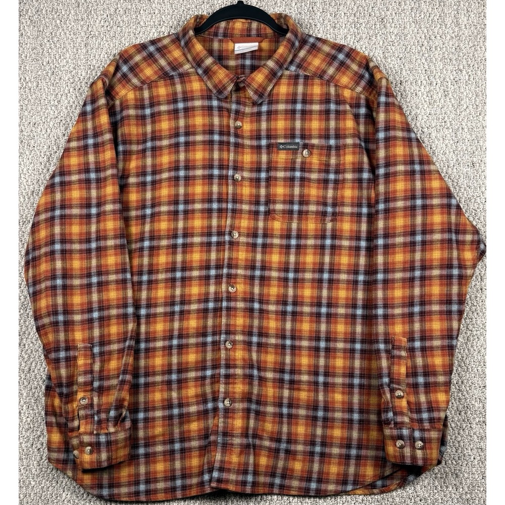 Columbia Flannel Shirt Mens XXL Orange Plaid Button Up Stretch Hiking